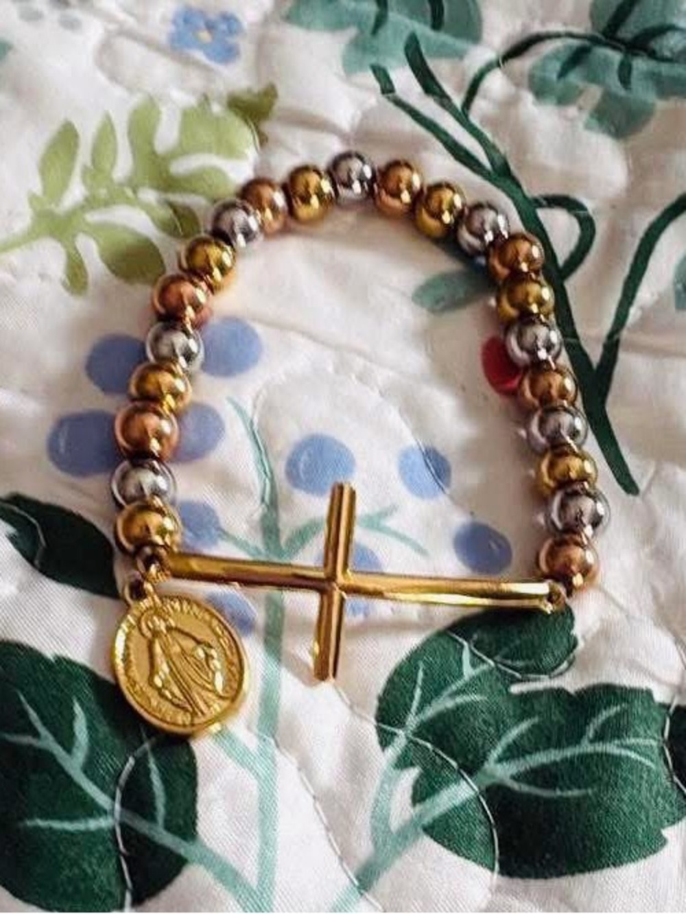 Tri-Tone Beaded Cross Bracelet - Gold, Rose Gold & Silver